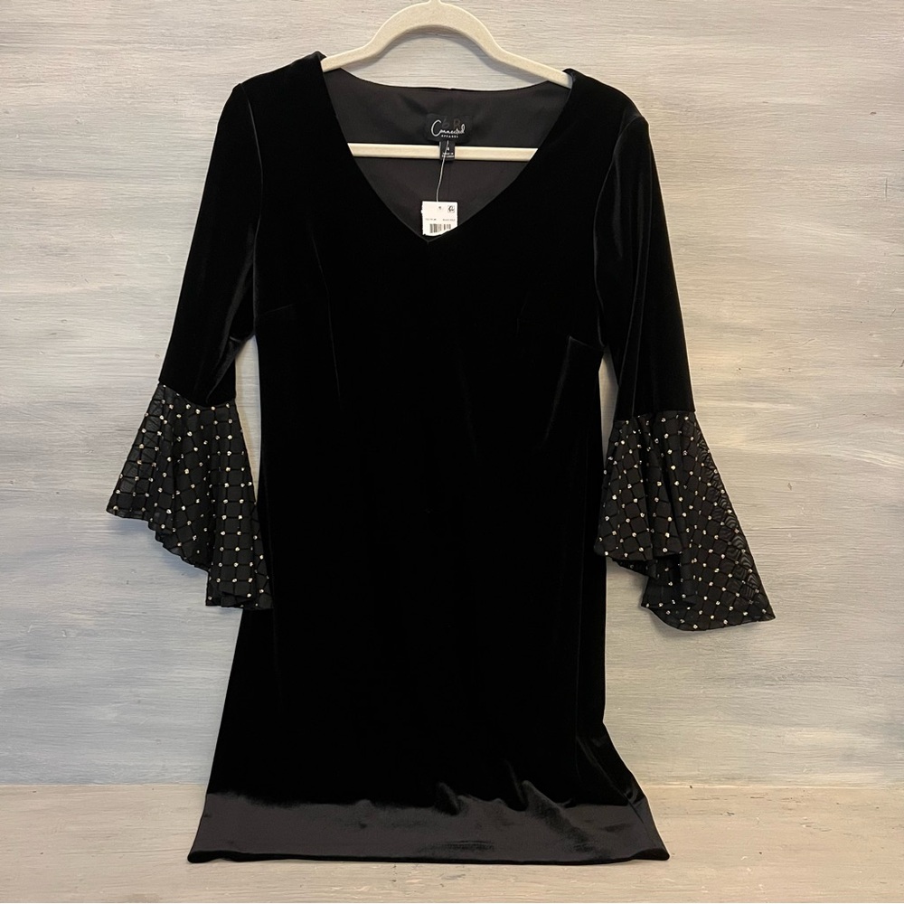 Connected Apparel Elegant Black Velvet Rhinestone Flare Sleeve Dress Size 4 NWT‎